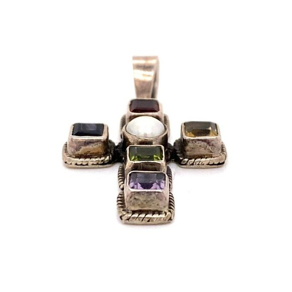 Estate Sterling Silver, Pearl, Garnet, Amethyst, Peridot & Citrine Cross Pendant - Picture 3 of 6